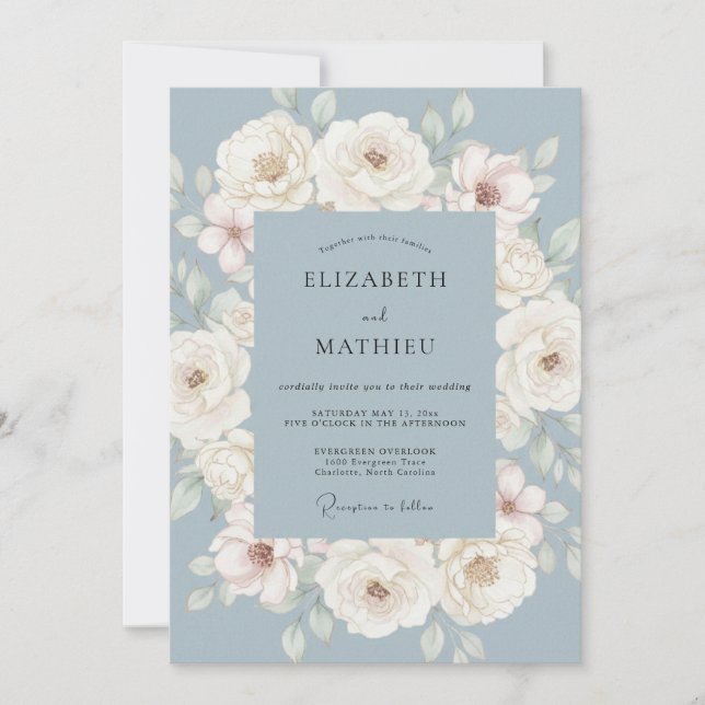 Dusty Blue Painterly Blooms Wedding Invitation (Front)