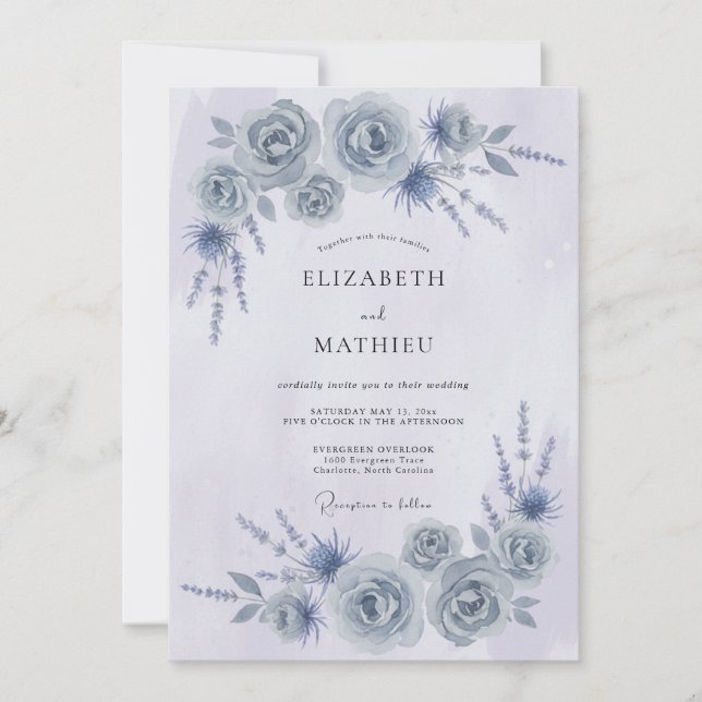 Dusty Blue Painterly Floral Wedding Invitation (Front)