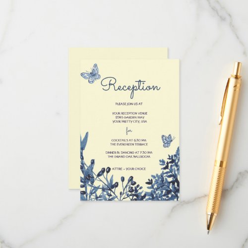 Dusty Blue Pale Yellow Floral Wedding Reception Enclosure Card