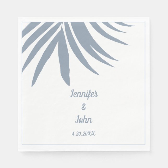 Dusty Blue Palm Leaf Beach Tropical Wedding Napkins (Front)