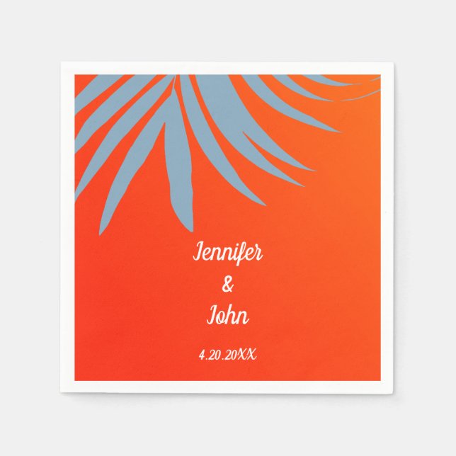 Dusty Blue Palm Leaf Sunset Orange Beach Wedding Napkins (Front)