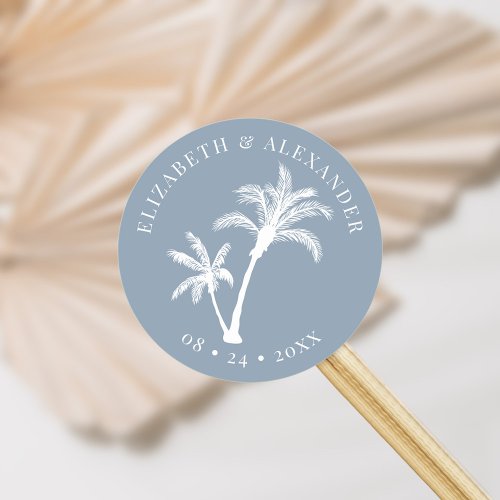 Dusty Blue Palm Tree Beach Tropical Wedding  Classic Round Sticker