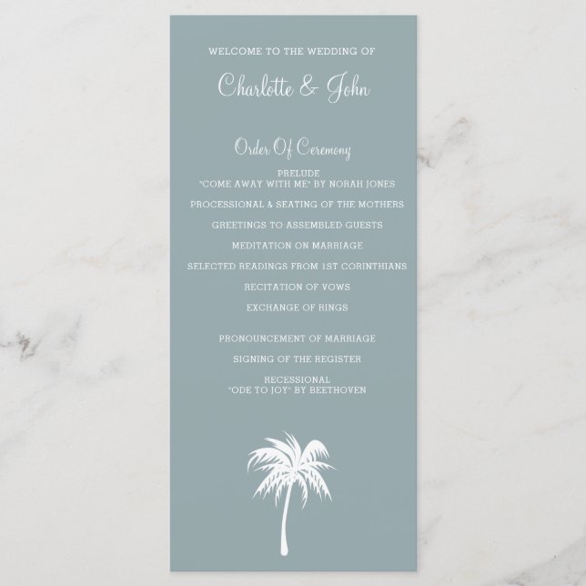 Dusty Blue  Palm Tree  Beach Wedding programs (Front)