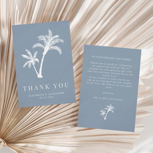 Dusty Blue Palm Tree Tropical Beach Wedding Thank You Card