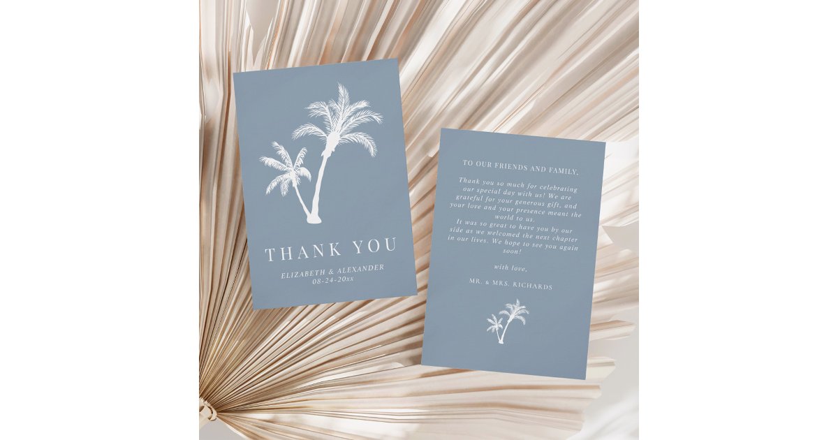 Dusty Blue Palm Tree Tropical Beach Wedding Thank You Card | Zazzle