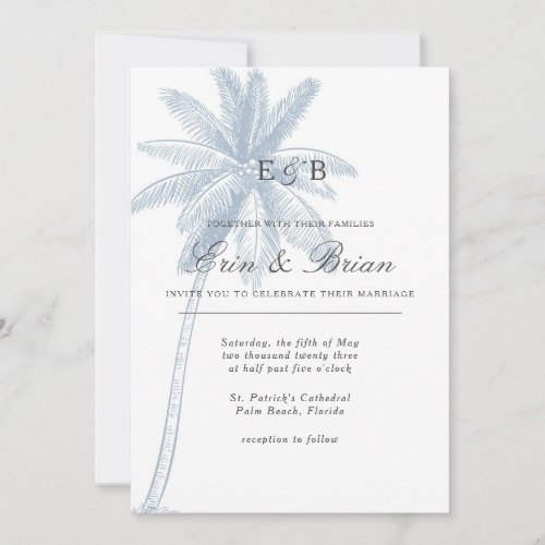 Dusty Blue Palm Tree Wedding Invitation Minimal