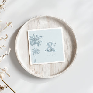 Dusty Blue Palm Trees & Ampersand Beach Wedding Napkins