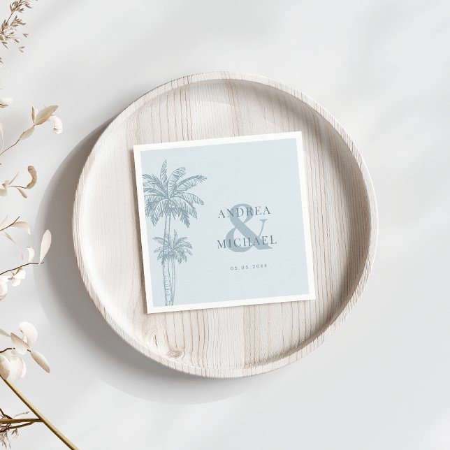 Dusty Blue Palm Trees & Ampersand Beach Wedding Napkins (Creator Uploaded)