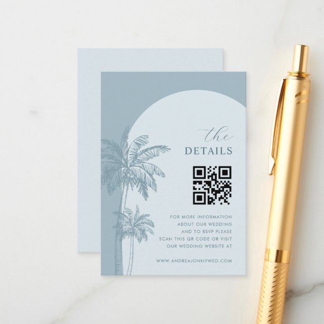 Dusty Blue Palm Trees QR Code Details Wedding Enclosure Card (Front/Back In Situ)