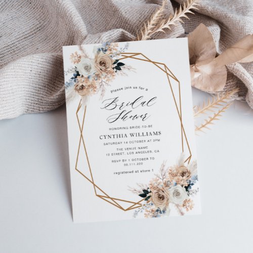 dusty blue pampas grass beige bridal shower invitation