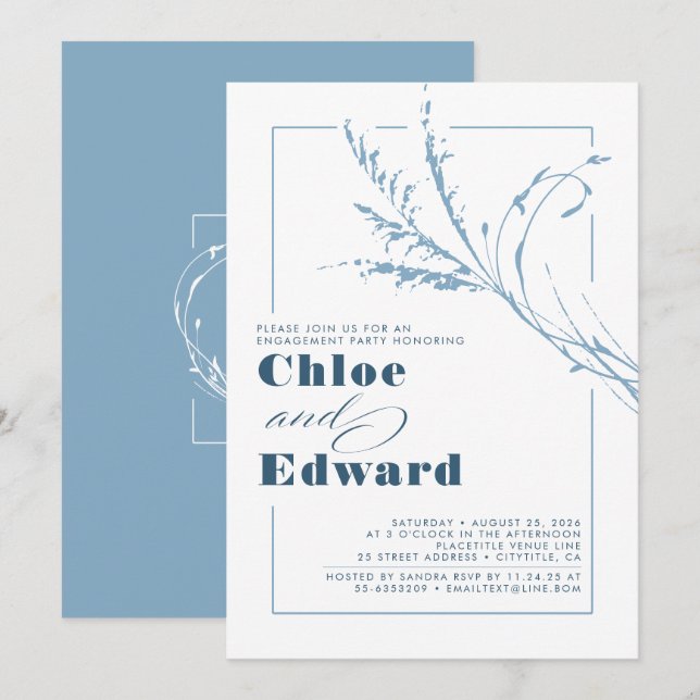 Dusty Blue Pampas Grass Modern Engagement Party Invitation (Front/Back)