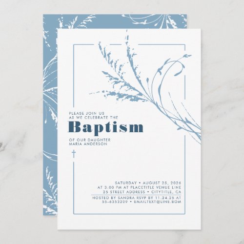 Dusty Blue Pampas Grass Modern Minimalist Baptism Invitation