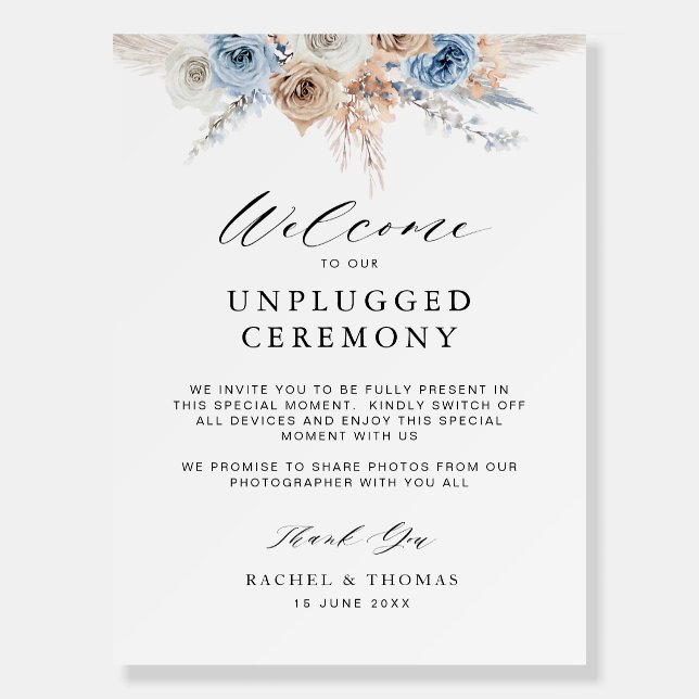dusty blue pampas grass unplugged ceremony sign (Front)