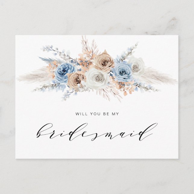 dusty blue pampas grass will you be my Bridesmaid Invitation Postcard (Front)
