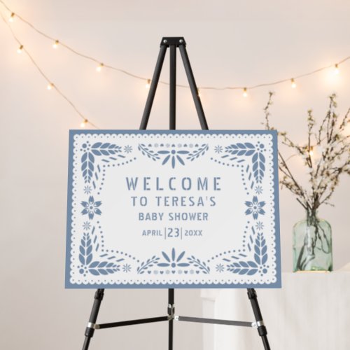 Dusty blue papel picado baby shower welcome sign