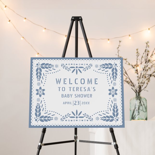 Dusty blue papel picado baby shower welcome sign (In Situ (Stand))