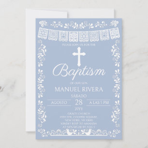 Dusty Blue Papel Picado Baptism Invitation