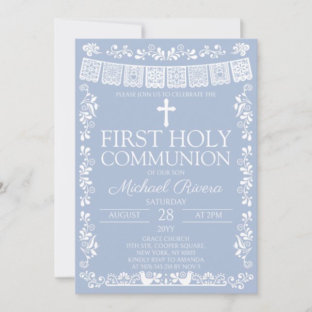Dusty Blue Papel Picado First Holy Communion Invitation (Front)