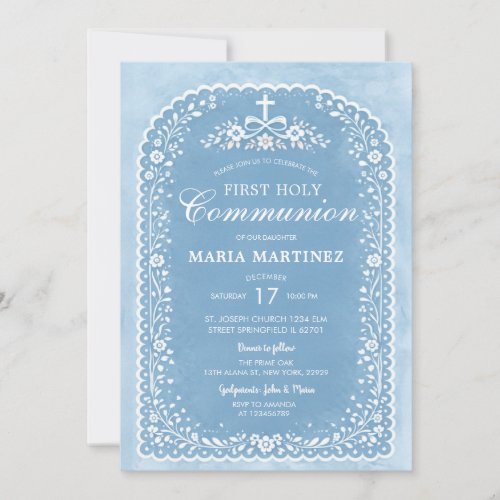 Dusty Blue Papel Picado Girl First Holy Communion Invitation