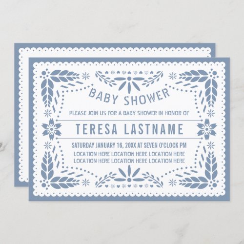 Dusty blue papel picado Mexican baby boy shower Invitation