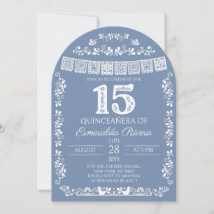 Dusty Blue Papel Picado Quinceañera 15th Birthday  Invitation