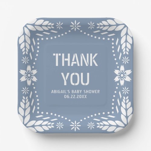 Dusty blue papel picado Thank You Baby Girl Shower Paper Plates