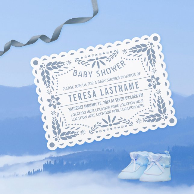Dusty blue papel picado white baby boy shower invitation (Creator Uploaded)