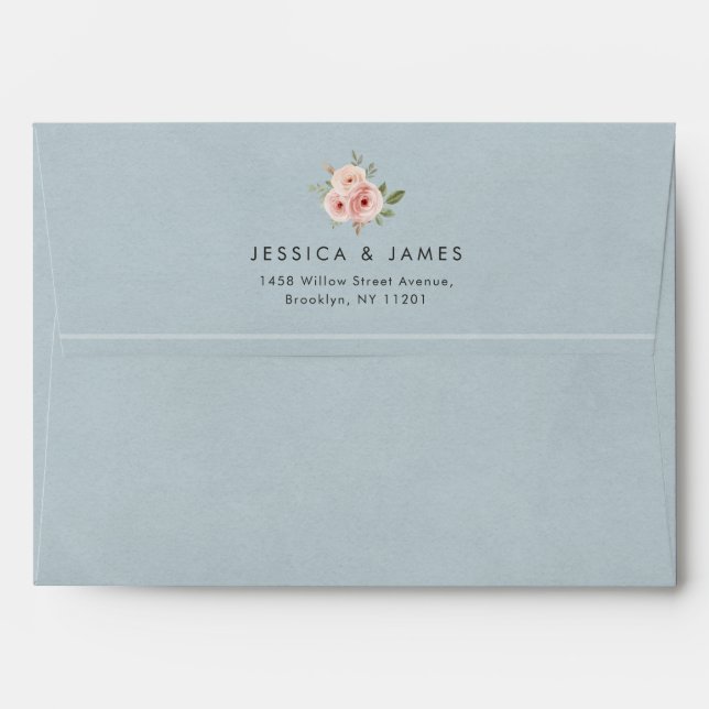 Dusty Blue & Paper Texture Rose Wedding Envelope (Back (Top Flap))