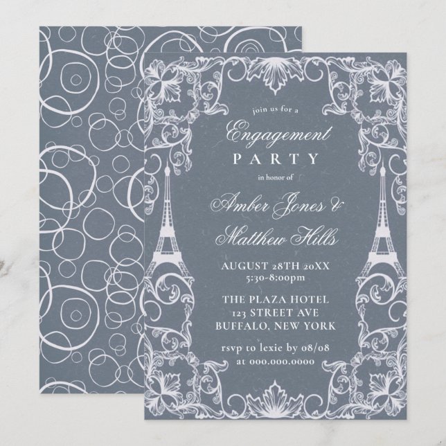 Dusty Blue Paris France Theme Engagement Party  Invitation (Front/Back)