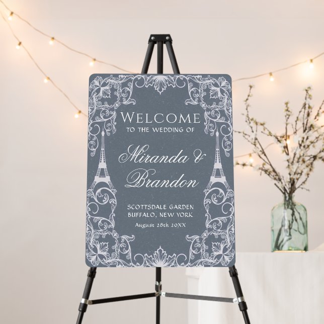 Dusty Blue Paris France Wedding Welcome Sign  (In Situ (Stand))