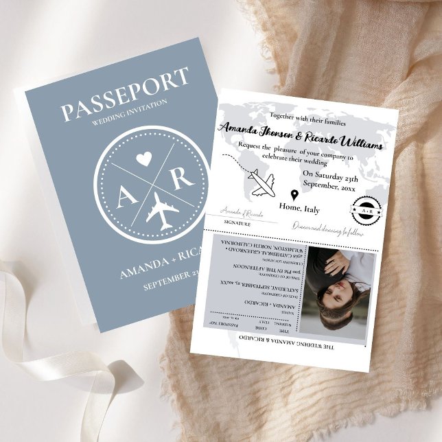 Dusty Blue Passport Photo Wedding Invitation (Creator Uploaded)