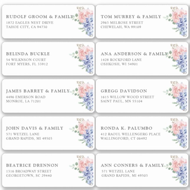 Dusty Blue Pastel hydrangea Guest Name Address Sticker (Front)