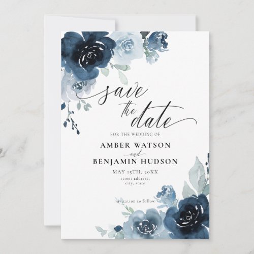 Dusty Blue Pastel Navy Flower Floral Save The Date Invitation