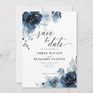 Dusty Blue Pastel Navy Flower Floral Save The Date Invitation