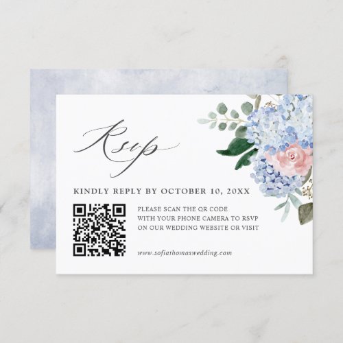 Dusty Blue Pastel Pink hydrangea Floral Wedding QR RSVP Card