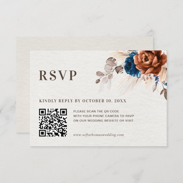 Dusty Blue Pastel Pink hydrangea Floral Wedding QR RSVP Card (Front/Back)