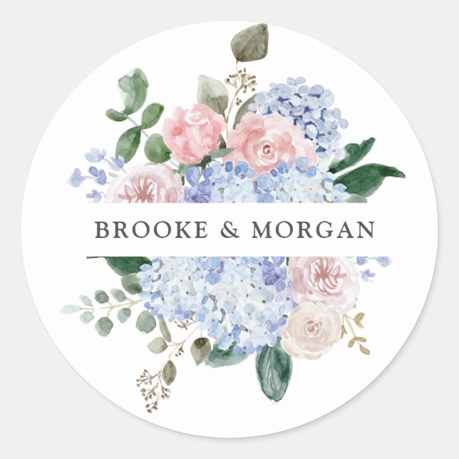 Dusty Blue Pastel Pink hydrangea Wedding Thank you Classic Round Sticker (Front)
