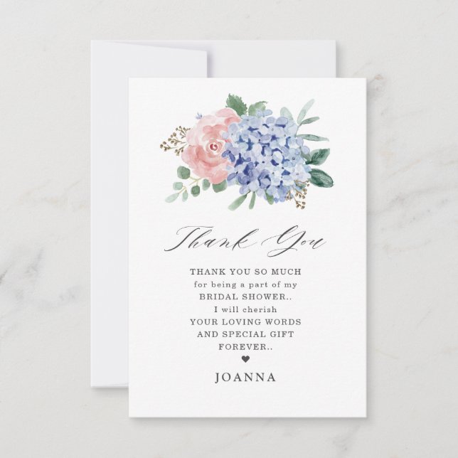 Dusty Blue Pastel Pink hydrangeas  Bridal Shower Thank You Card (Front)