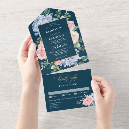 Dusty Blue Pastel Pink hydrangeas Floral Wedding  All In One Invitation