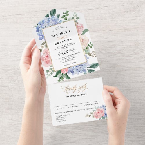 Dusty Blue Pastel Pink hydrangeas Floral Wedding  All In One Invitation