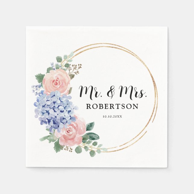 Dusty Blue Pastel Pink hydrangeas Floral Wedding Napkins (Front)