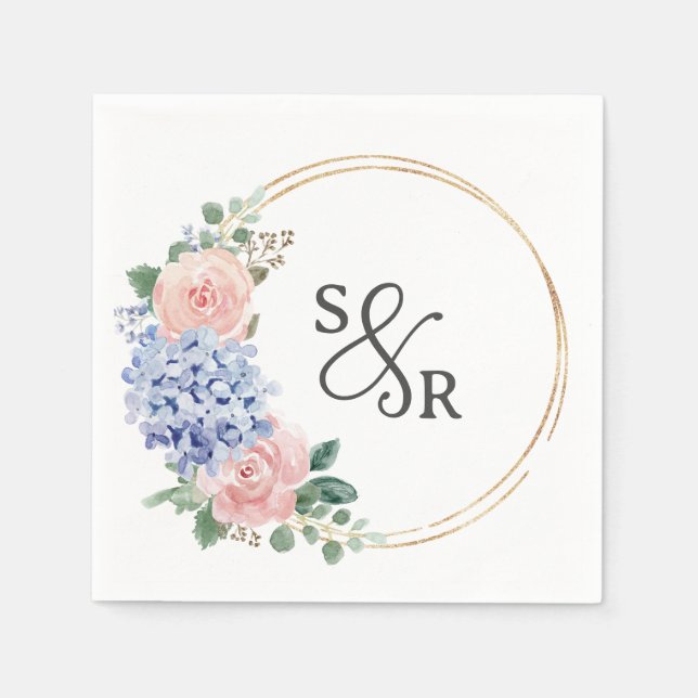 Dusty Blue Pastel Pink hydrangeas Floral Wedding Napkins (Front)