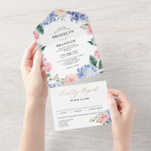 Dusty Blue Pastel Pink hydrangeas Wedding All In O One Invitation