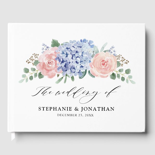 Dusty Blue Pastel Pink hydrangeas Wedding Guest Book (Front)