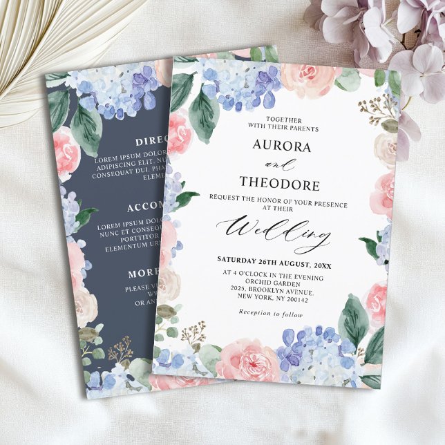 Dusty Blue Pastel Pink hydrangeas Wedding Invitation (Dusty Blue Pastel Pink hydrangeas Wedding Invitation)