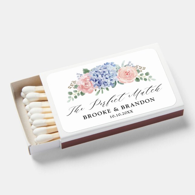 Dusty Blue Pastel Pink hydrangeas Wedding Matchboxes (Front Open)