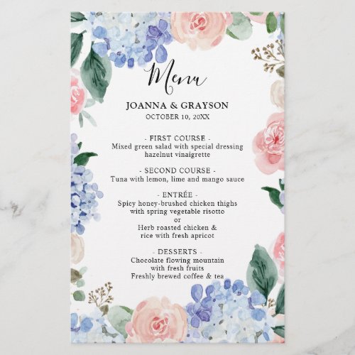 Dusty Blue Pastel Pink hydrangeas Wedding Menu