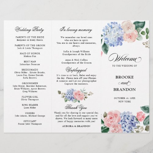 Dusty Blue Pastel Pink hydrangeas Wedding Program