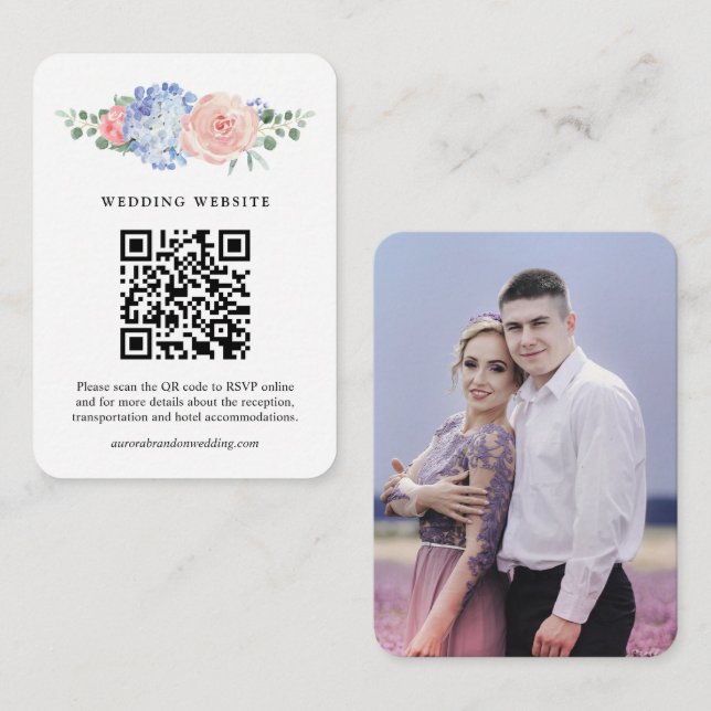 Dusty Blue Pastel Pink hydrangeas Wedding QR Code Enclosure Card (Front/Back)