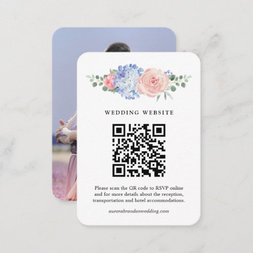Dusty Blue Pastel Pink hydrangeas Wedding QR Code Enclosure Card